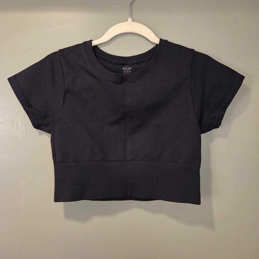 Offline by Aerie Women's Active Cropped Shirt, Size M, Black, Gym Sporty Workout